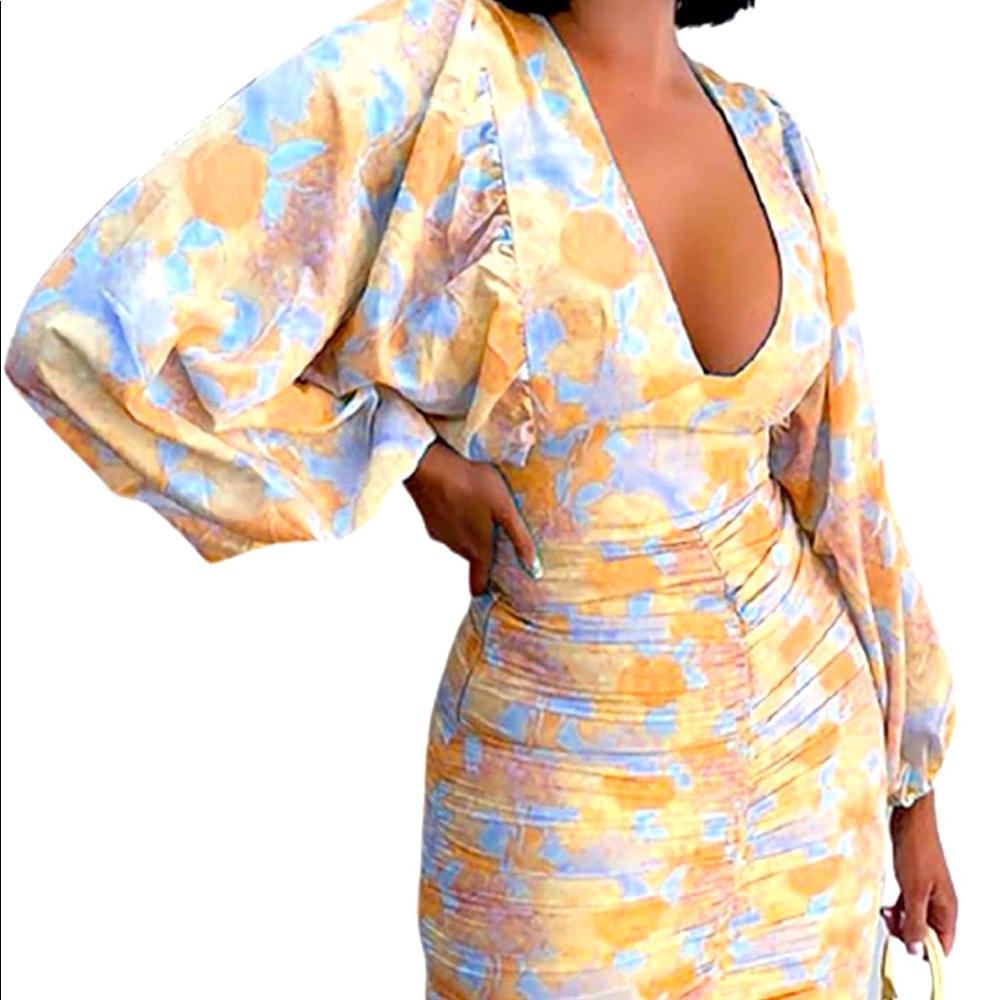 C.AMOUR Floral Print Long Sleeve Deep V Neck Bodycon Party Frilled Dress